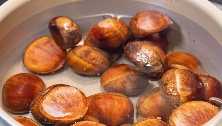 Castañas en olla con agua